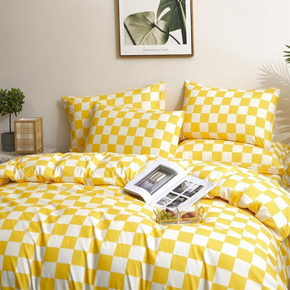 CLOTHKNOW Yellow Plaid Full Comforter Set 3Pcs Grid Bedding Comforter Sets Yellow White Comforter Full Soft Light Yellow Full Size Comforter Sets