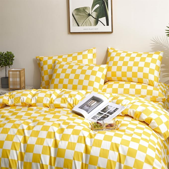 CLOTHKNOW Yellow Plaid King Size Comforter Set 3Pcs Yellow White Bedding Comforter Sets Grid Comforter King Light Yellow Comforter Sets King
