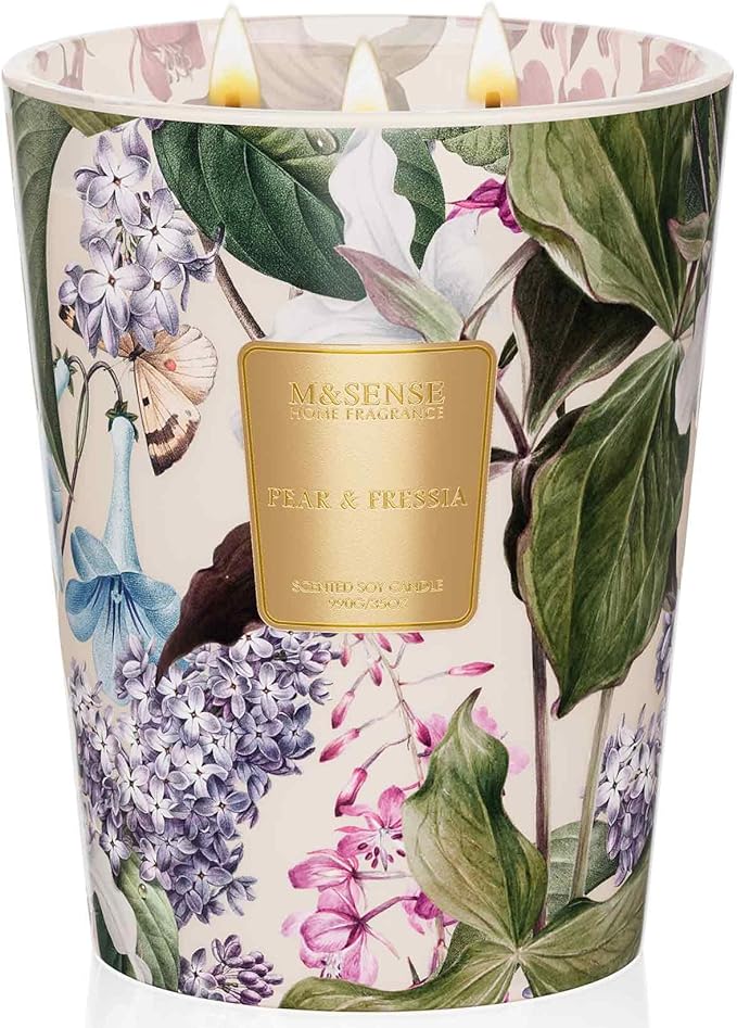 M&SENSE 3 Wick Soy Candles for Home Scented, Pear & Fressia Scented Aromatherapy Candle for Stress Relief, 35oz 150 Hour Burn Time, Long Lasting Highly Scented Candle Gift