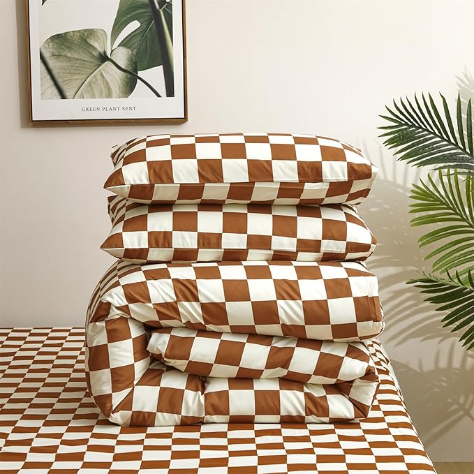 Pureant Pumpkin White Plaid Comforter Set Queen Brown and White Checkered Bedding Comforter Soft Women Girls Brown Checkerboard Grid Quilts Queen Size Boho Pumpkin Buffalo Plaid Comforter Geomertic