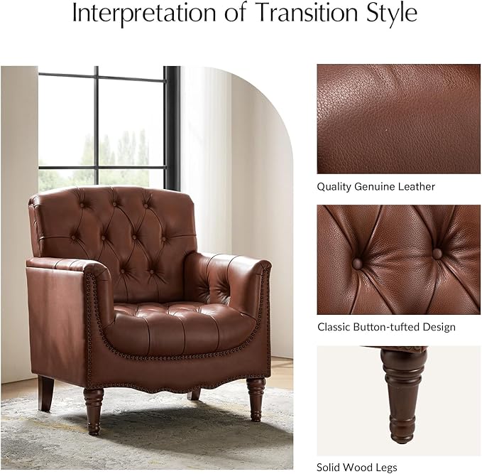 HULALA HOME Mid Century Modern Leather Club Chairs, Top-Grain Genuine Leather Armchairs with Button-Tufted Back & Solid Wood Legs, Accent Chairs for Living Room/Bedroom/Home Office, Brown