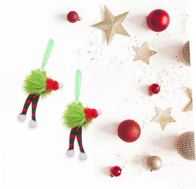 VILLCASE 6pcs Holiday Furry Christmas Decorations Plush Pom Pom Balls with Santa Hat and Striped Scarf Soft Long Plush Hanging Ornaments for Indoor Outdoor Seasonal Party Decor