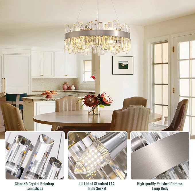 Siljoy 12-Light Modern Crystal Chandelier Round Brushed Nickel 2-Tier K9 Crystal Raindrop Chandelier Luxury Adjustable Hanging Ceiling Light Fixture for Living Dining Room Kitchen Island D23.6''