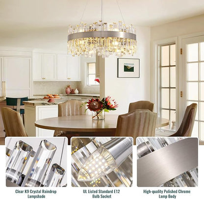 Siljoy 12-Light Modern Crystal Chandelier Round Brushed Nickel 2-Tier K9 Crystal Raindrop Chandelier Luxury Adjustable Hanging Ceiling Light Fixture for Living Dining Room Kitchen Island D23.6''