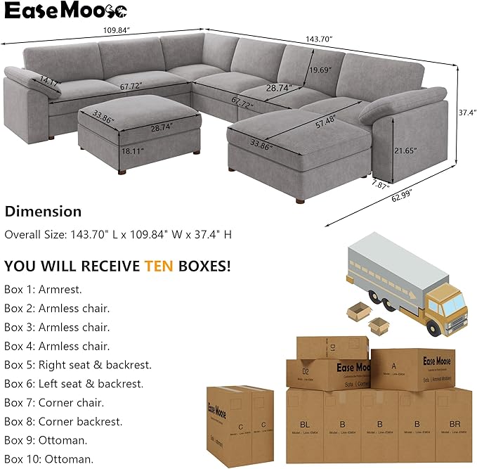 Ease MOOSEGrey Sectional Modular Sofa, Oversized U Shape Sectional Couch Wide Deep seat Sectional Sofa,FSC Certified Comfortable Chenille White Modular Sofa，Detachable and Washable
