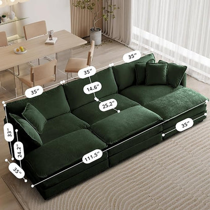 SoarFlash Chenille Sectional Sofa, Comfy Modular Coush Sofa with Ottoman, Modern 3 Seat Recliner Deep Seat Sofa Set for Living Room,Green
