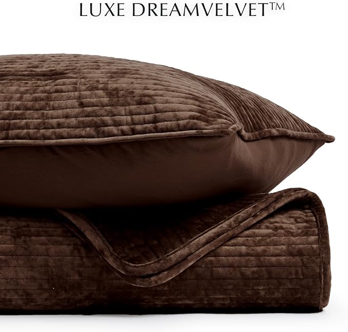 EVERGRACE Velvet Quilt Set King Size, Luxurious Soft Quilted Bedding Sets, Lightweight Velvet Comforter for All Season, Striped Channel Bedspread Coverlet with 2 Shams, Red Rust Brown