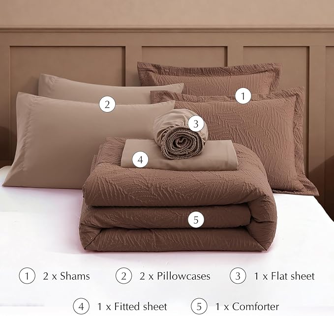 Geniospin Full Size Comforter Set - Brown Textured Bedding Sets Full 7 Pieces, Bed in A Bag with Comforter, Sheets, Pillowcases & Shams, All Season Brown Bedding
