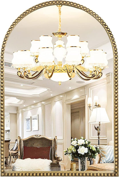 Arched Wall Mirror for Bathroom, 30"x40" Metal Beaded Frame Decorative Accent Mirror, Large Modern Distressed Hanging Wall Decor for Washroom, Bedroom, Living Room, Entryway, Antique Gold