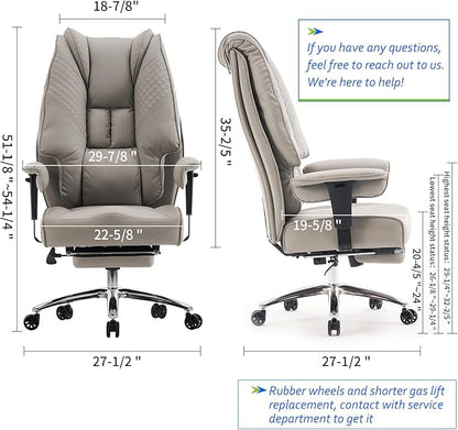 Big and Tall Office Chair 400lbs Wide Seat, Leather High Back Executive Office Chair with Foot Rest, Ergonomic Chairs Lumbar Support for Lower Back Pain Relief (Light Grey)