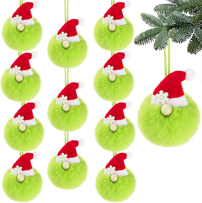 12ct 3.1'' Green Gnome Christmas Ball Ornaments, Soft Faux Fur Pom Pom Decorations with Santa Hat and Snowflake, Hanging Ornaments for Christmas Tree, Mantel, Home & Holiday Decor