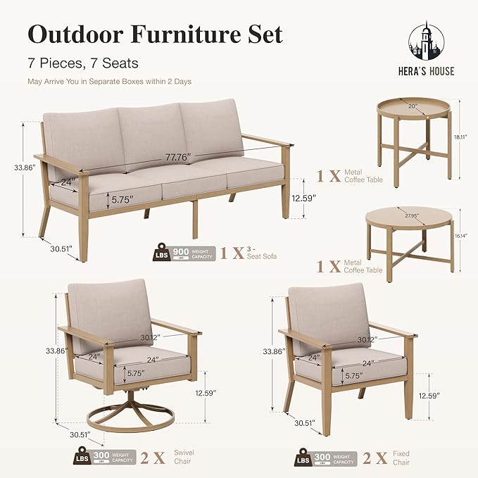 HERA'S HOUSE Patio Furniture Set 5-Piece, Metal Outdoor Conversation Set with Wood Grain Finish, 2 x Swivel Chair, 1 x 3-Seat Outdoor Chair, 2 x Multi-Functional Table for Garden Deck Backyard