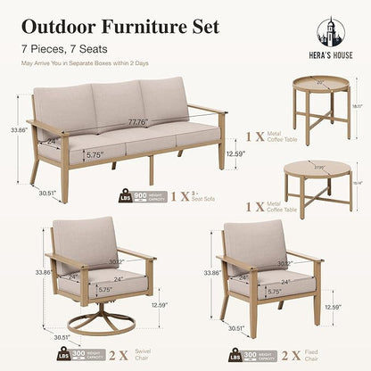HERA'S HOUSE Patio Furniture Set 7-Piece, Metal Outdoor Conversation Set with Wood Grain Finish, 2 x Leg Chair, 2 x Swivel Outdoor Chair, 1 x 3-Seat Chair, 2 x Multi-Functional Table Garden Deck Lawn
