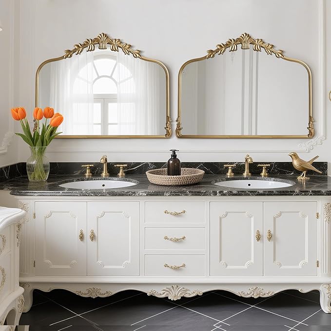 WallBeyond Gold Antique Mirror for Vanity 32x24 Inch, Gold Vintage Mirror with Ornate Frame, Arched Vintage Wall for Bathroom, Living Room, Fireplace