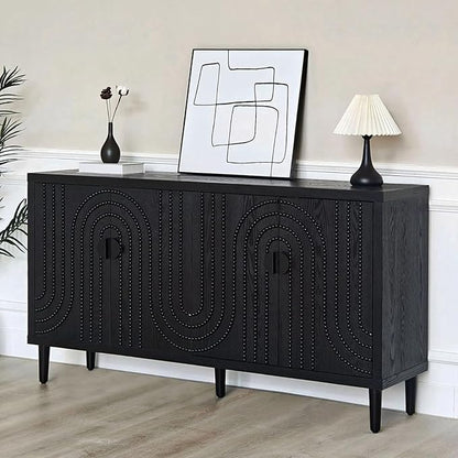 60" Sideboard Buffet Accent Cabinet, Antique Black Entryway Table with Storage Wood Credenzas for Living Room Home Bar, 4 Doors & Adjustable Shelves