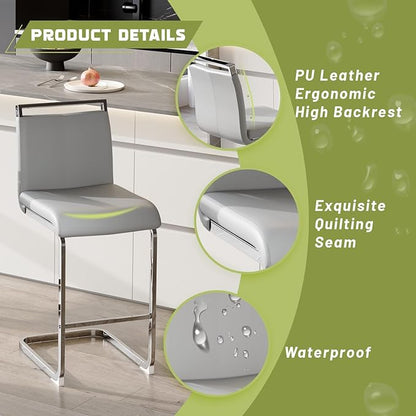 Bar Stools Set of 4,25" Counter Height Bar Stools with Footrest,Light Grey Faux Leather Kitchen Stool with Chrome Plated Metal Leg,Counter Height Stool Ideal for Island Pub Kitchen Counter Dining Chair