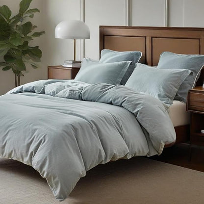 Simple&Opulence 100% Linen Duvet Cover Set, 3 PCS Natural French Flax Dusty Blue Duvet Cover Full Size, Breathable Soft Comfy Linen Bedding Comforter Cover with 2 Pillowcases(Dusty Blue, 78"x86")