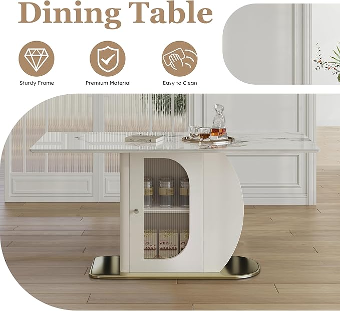 Montary 63" Modern Dining Table for 4-6 People, Kitchen Table with Storage Shelf & Acrylic Door Cabinet, Sintered Stone Tabletop with Golden Solid Wood Base, Perfect for Apartments and Home Use