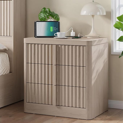 Fluted Nightstand with Charging Station, 23.6" Night Stand with Solid Wood Handle, Mid Century Modern Bedside Table End Table 3 Drawer Dresser for Bedroom, Living Room, White Alder