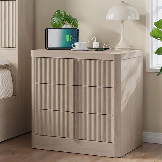 Fluted Nightstand with Charging Station, 23.6" Night Stand with Solid Wood Handle, Mid Century Modern Bedside Table End Table 3 Drawer Dresser for Bedroom, Living Room, White Alder