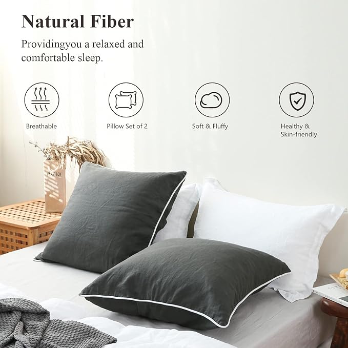 Simple&Opulence 100% Linen Euro Sham Covers with Piping Trim, 26"x26" Pillow Cover Set of 2, Breathable Pillow Shams for Bed Couch Decorative Cushions, Dark Grey