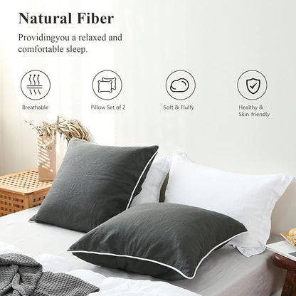 Simple&Opulence 100% Linen Euro Sham Covers with Piping Trim, 26"x26" Pillow Cover Set of 2, Breathable Pillow Shams for Bed Couch Decorative Cushions, Dark Grey