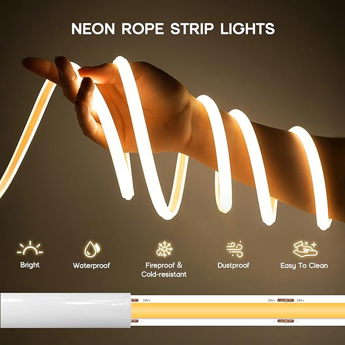LED Neon Lights Daylight White 6000K,16.4ft 110-120V LED Strip Lights,Flexible Outdoor Waterproof Neon Rope Lights for Bedroom,Cabinet,Kitchen,Living Room,Mirror,Halloween Decor