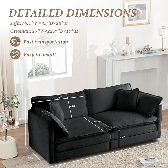 SoarFlash Chenille Sectional Sofa, Comfy Modular Loveseat Sofa, Modern 2-Seat Couch Deep Seat Sofa Set for Living Room,Grey