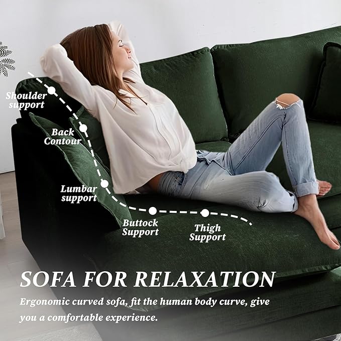 SoarFlash Chenille Sectional Sofa, Comfy L Shaped Modular Coush Sofa with Ottoman, Modern 2 Seat Couch Deep Seat Sofa Set for Living Room,Green