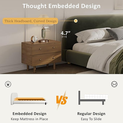 Green King Size Bed Frame, Upholstered Cloud Boucle Platform Beds Frames with Headboard, Anti-Collision Soft Rounded Corners Footboard, No Box Spring Required, Easy Assembly (Olive Green, King)