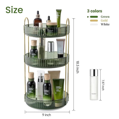 Rotating Makeup Organizer for Vanity, Perfume Skin Care Organizers Large, Bathroom Counter Make Up Cosmetic Storage, Clear Spinning Skincare Lipstick Holder,3 Tiers, Green
