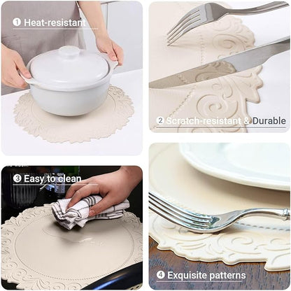 Noctiflorous Round Faux Leather 15 Inch Placemats Set of 4 Waterproof Wipeable Heat Resistant Tablemat for Dining Table Kitchen Non Slip Washable Oilproof Table Place Mat for Indoor Outdoor(Beige, 4)