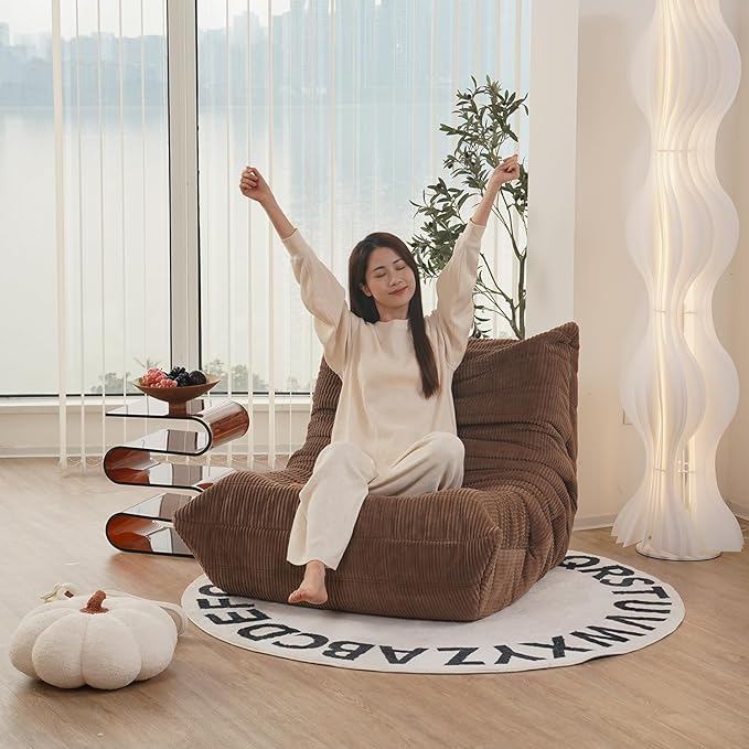 N&V Fireside Chair Mid Century Armless Floor Sofa Corduroy Lounge Chair Foam Accent Chair, Ivory