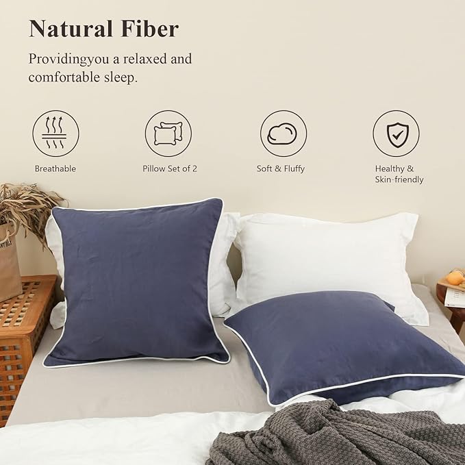 Simple&Opulence 100% Linen Euro Sham Covers with Piping Trim, 26"x26" Pillow Cover Set of 2, Breathable Pillow Shams for Bed Couch Decorative Cushions, Classic Blue