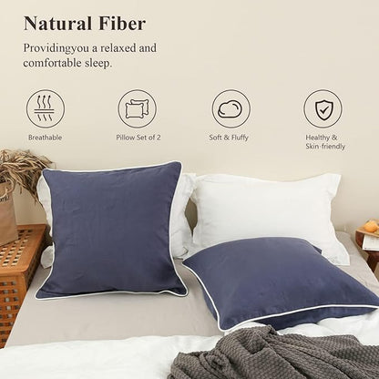 Simple&Opulence 100% Linen Euro Sham Covers with Piping Trim, 26"x26" Pillow Cover Set of 2, Breathable Pillow Shams for Bed Couch Decorative Cushions, Classic Blue