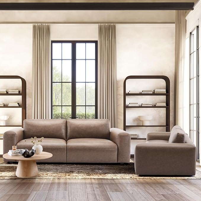 COLAMY 95" Oversized PU Leather Sofa, Comfy Sofa Couch with Extra Deep Seats, Wide Arm, Down Filled 3-Seater Modern Sofa for Living Room, Apartment Lounge-WolfGrey