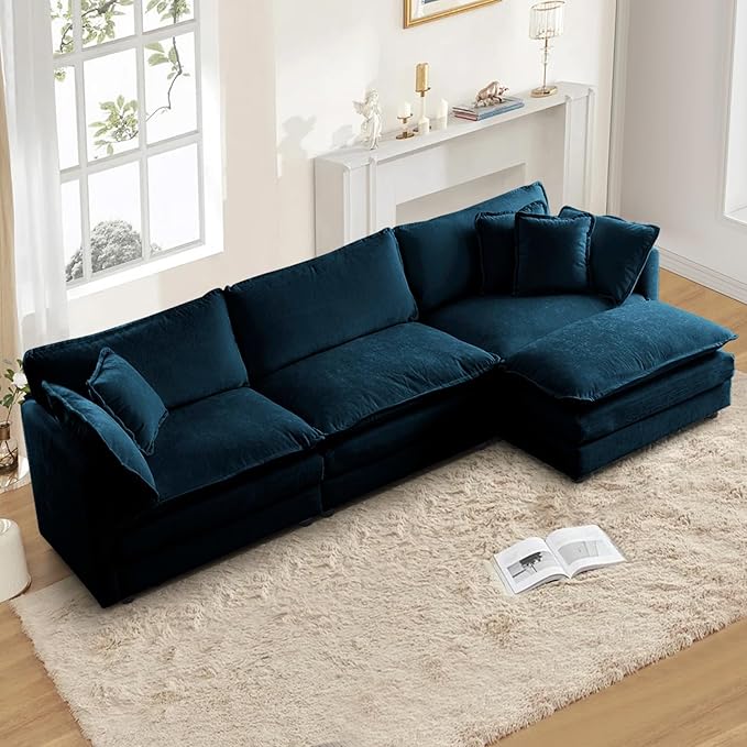 SoarFlash Chenille Sectional Sofa, Comfy L Shaped Modular Coush Sofa with Ottoman, Modern 3 Seat Couch Deep Seat Sofa Set for Living Room,Deep Blue