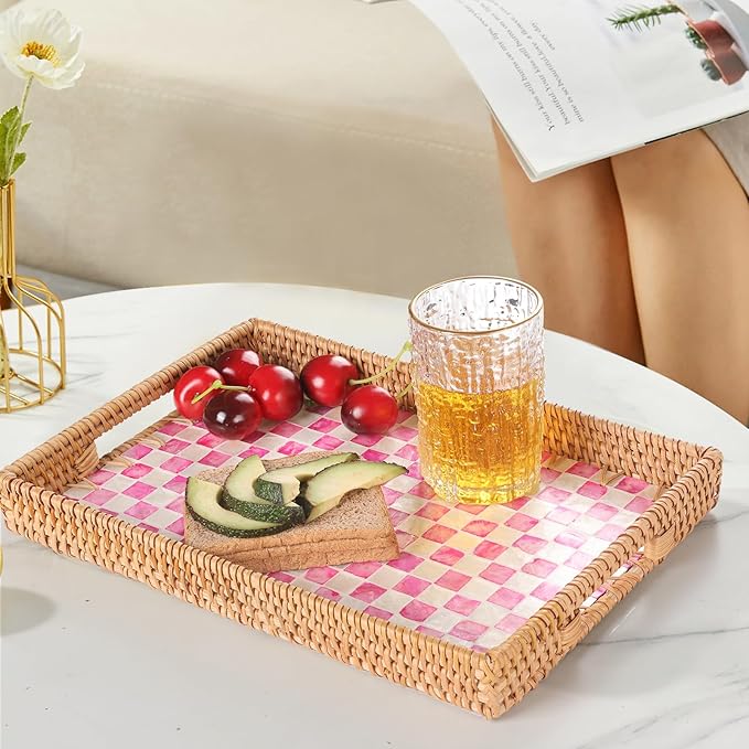 Rectangle Rattan Tray with Mother of Pearl Inlay, Rattan Serving Tray with Handle for Coffee, Bread, Fruits, Decorative Wicker Tray for Table Decor (Rectangle Pink Checkerboard, 13"×9")