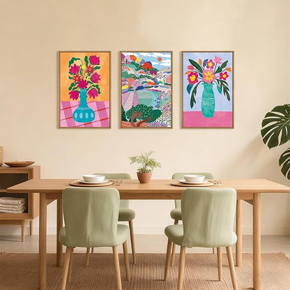 HOURIA Colorful Flower Field Landscape Framed Canvas Wall Art Set,Abstract Pink Floral Wall Decor,Natural Botanical Tree Artwork,Modern Sunrise Art Prints for Living Room,Farmhouse-16 x24 x3