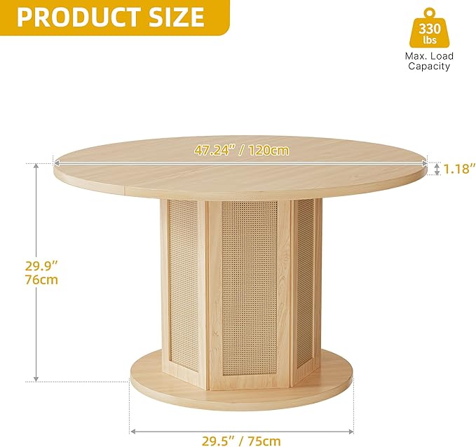 DWVO Round Dining Table for 4-6 People, 47 Inch Farmhouse Kitchen Table with Rattan Circular Base, Natural Oak