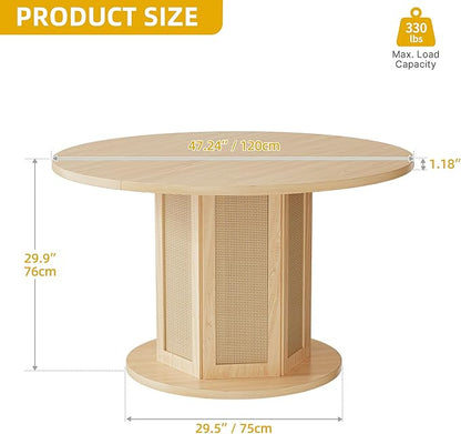 DWVO Round Dining Table for 4-6 People, 47 Inch Farmhouse Kitchen Table with Rattan Circular Base, Natural Oak