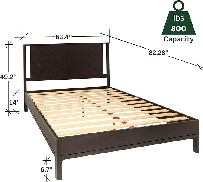 Bme Ethan Queen Bed Frame with Diamond Headboard, Mid-Century Modern, Solid Acacia Wood, No Box Spring Needed, Fits All Mattresses, Rustic Black