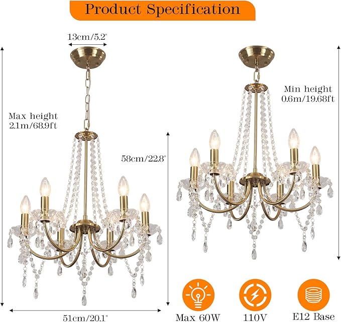 Crystal Gold Chandeliers for Dining Room, Modern Crystal Brass Chandelier Light Fixture, Vintage Pendant Light for Living Room Bedroom Bathroom Entryway Hallway E12 Bulbs D19 in x H24 in