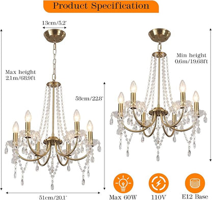 Crystal Gold Chandeliers for Dining Room, Modern Crystal Brass Chandelier Light Fixture, Vintage Pendant Light for Living Room Bedroom Bathroom Entryway Hallway E12 Bulbs D19 in x H24 in