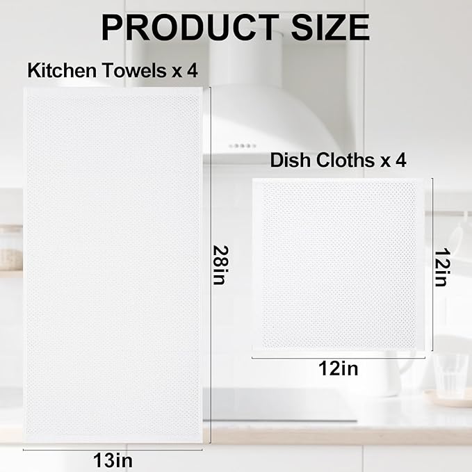 Homaxy 100% Cotton Kitchen Towels and Dishcloths Set, 12 x 12 Inches and 13 x 28 Inches, Set of 8 Bulk Kitchen Towels Set, Ultra Soft Absorbent Dish Cloths for Washing Dishes, White