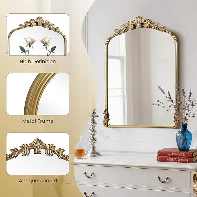 WallBeyond Gold Antique Mirror for Vanity 22x30 Inch, Gold Vintage Wall Mirror with Ornate Frame, Arched Vintage Wall for Bathroom, Living Room, Fireplace