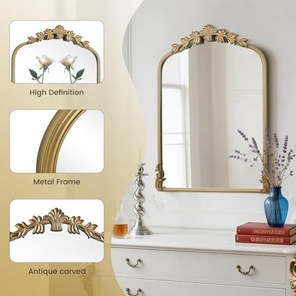 WallBeyond Gold Antique Mirror for Vanity 22x30 Inch, Gold Vintage Wall Mirror with Ornate Frame, Arched Vintage Wall for Bathroom, Living Room, Fireplace