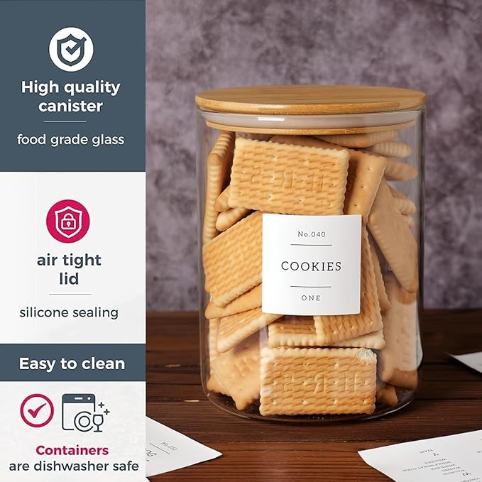 Set of 6 Glass Flour and Sugar jars with 132 Kitchen Pantry Labels - Thicken Large Glass Storage containers with Airtight Bamboo Lid - Rice Canisters for Salt Coffee(100OZ/54OZ/27OZ)