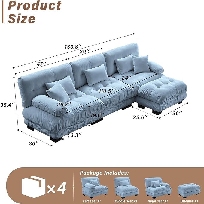SoarFlash Sectional Sofas Couches for Living Room, L Shaped Couch Sofa Set, Small Couches for Small Spaces, Apartment with Movable Ottoman, Blue