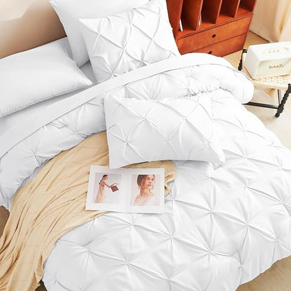 CozyLux Queen Comforter Set White, 7 Pieces Pintuck Bed in A Bag, Premium White Comforter Queen Size, Pinch Pleat Bedding Sets with Comforter, Sheets, Pillowcases & Shams